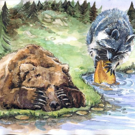 Енот и медведь, лучшие друзья.