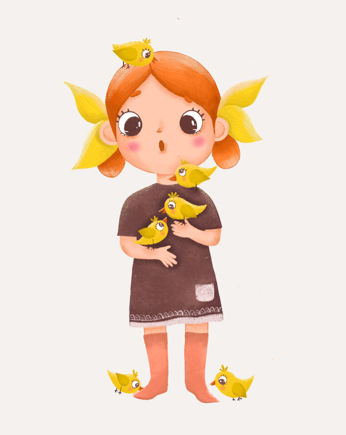 Книжная иллюстрация с девочкой и цыплятами.