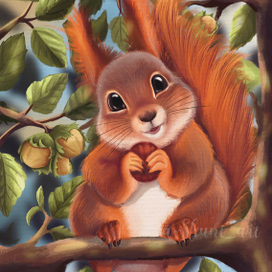 Белочка с орешком, иллюстрация для детского пазла