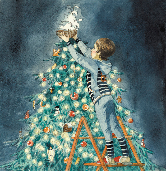 Петя наряжает ёлку.