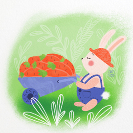 Кролик-фермер с тачкой моркови