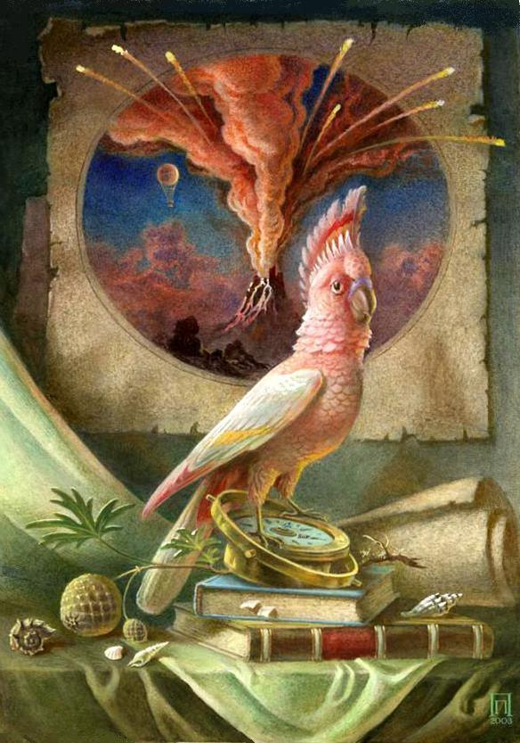 Картинка с вулканом и попугаем