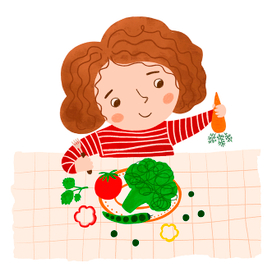 Маленькая девочка ест овощи