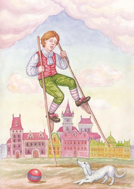 На ходулях.