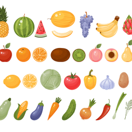 Набор фруктов и овощей в стиле картун.