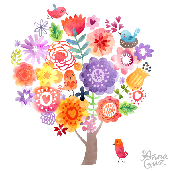 Акварель. Открытка с птичками