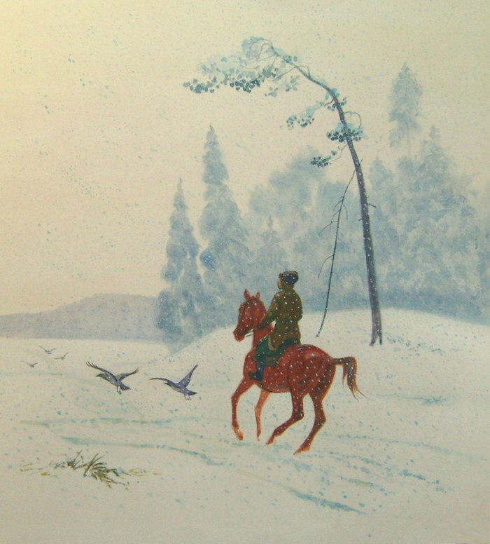 Еду. Тихо. Слышны звоны под копытом на снегу...