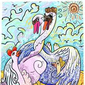 Семья лебедей отдыхает на пляже