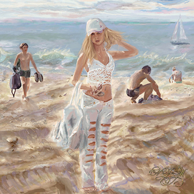 Пляж. Девочка в белом