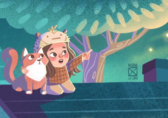 Девочка с котом на крыше 