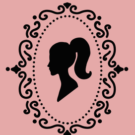 Векторная открытка к 8 марта, черный силуэт красивой девушки, узоры в рамке и розовый фон. Прямой стиль.