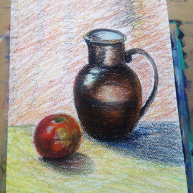Натюрморт "Кувшин и яблоко" - Масляная пастель