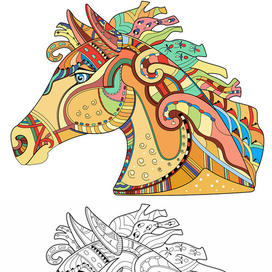 Голова лошади. Медитативная раскраска, узоры.