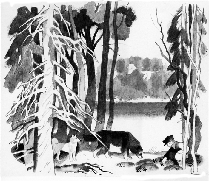 Разворот "Мальчик и две собаки"