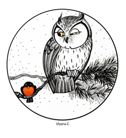 owl and happy bullfinch