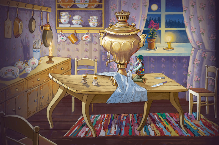 Домовой с помощью волшебства оживляет стол.