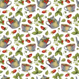 Земляничный чай, паттерн. Акварель. 