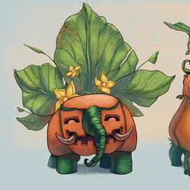 Дизайн персонажа на основе образов тыквы и слона.