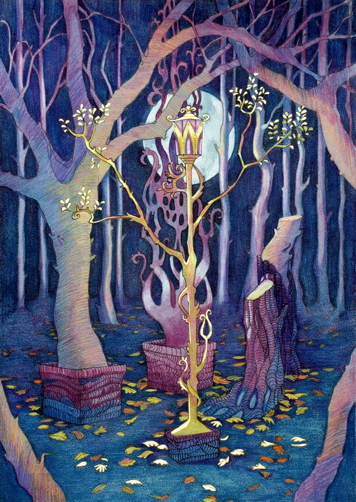 Луна. Фонарь. Опавшие листья