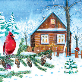 Зимний домик в лесу. Птичка Красный кардинал.