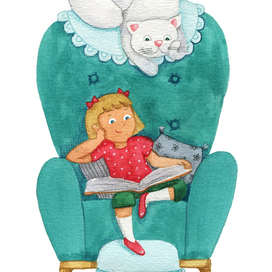 Девочка и ее кот читают книгу