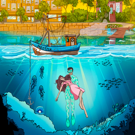 Книжная иллюстрация к конкурсу  по произведению А. Беляева "Человек-амфибия"