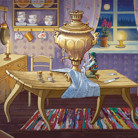 Домовой с помощью волшебства оживляет стол.