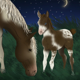 Иллюстрации милого жеребёнка и его мамы на зелёном лугу! 