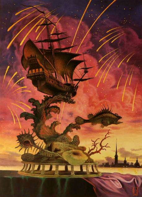 Натюрморт с моделью парусника и фейерверком