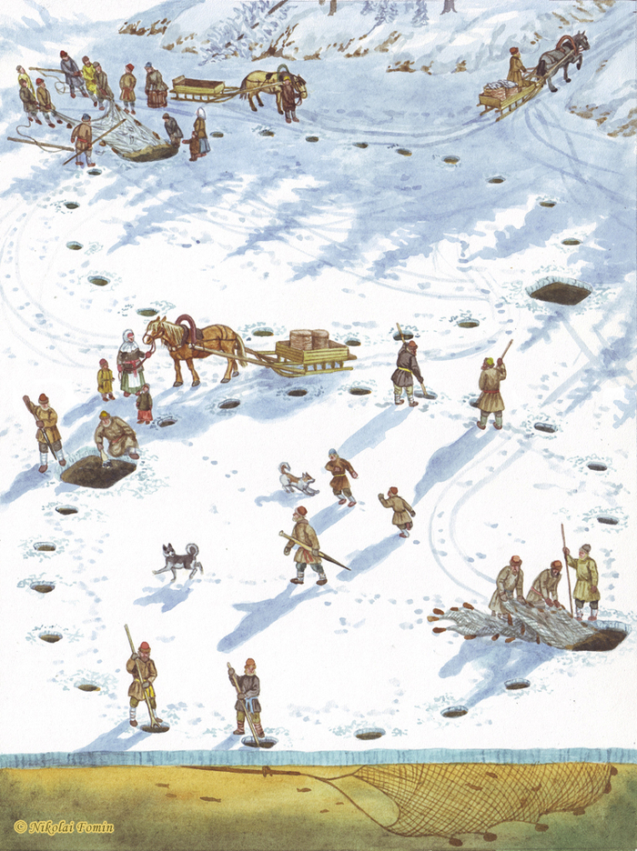 Зимняя ловля неводом.