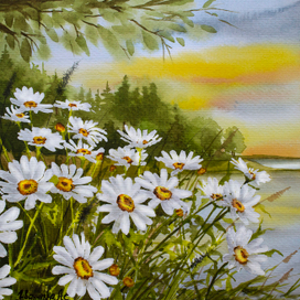 Пейзаж с закатом солнца и ромашками