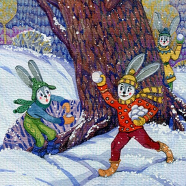 Зайки играют в снежки