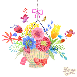 Пастельная открытка с букетом и птицами