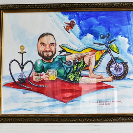 Шарж по фото на мужчину с кальяном и мотоциклом