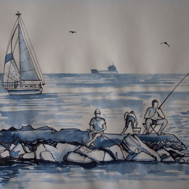 Лето у моря. Рыбаки и парусник.