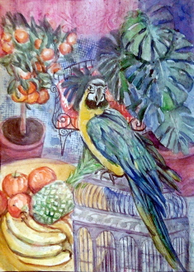 Декоративный натюрморт с попугаем