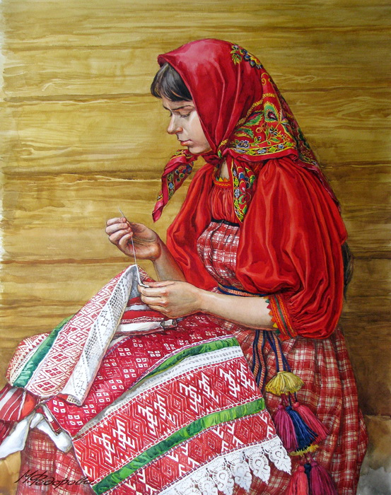 За шитьем приданого