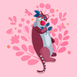 Милая мультяшная кошка с цветком и бантом на розовом фоне