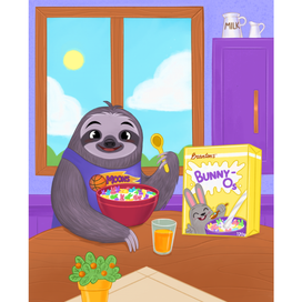 Ленивец кушает хлопья на завтрак