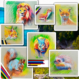 Рисунки животных акварельными карандашами