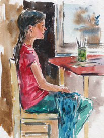 Девочка внимательно смотрящая мультик