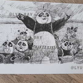 Графика черно-белая иллюстрация панда кунг-фу