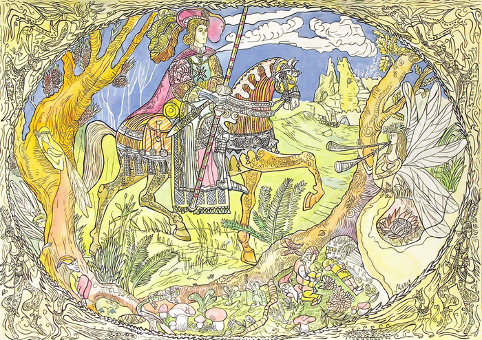 Рыцарь в зачарованном лесу. Лист из серии"Сказки эльфов".Авторский проект.Оригинал сделан на формате А-2.Бумага гуашь кисть.Художник:Марат Брызгалов.