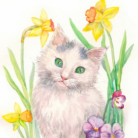 Котенок с нарциссами и анютиными глазками