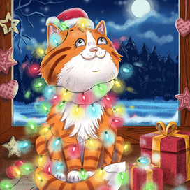 Кот и новогодняя гирлянда