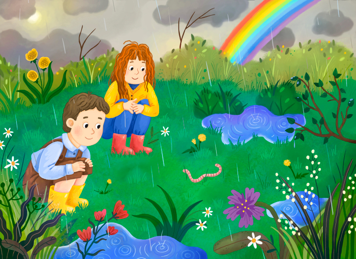 Дети увидели червяка