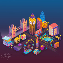 Изометрический неоновый город - Лондон