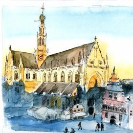 Харлем. Нидерланды. Собор Св. Бавона в вечернем освещении