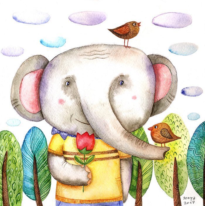 Портрет слона с цветком