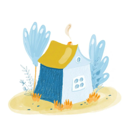 Голубой домик с жëлтой крышей